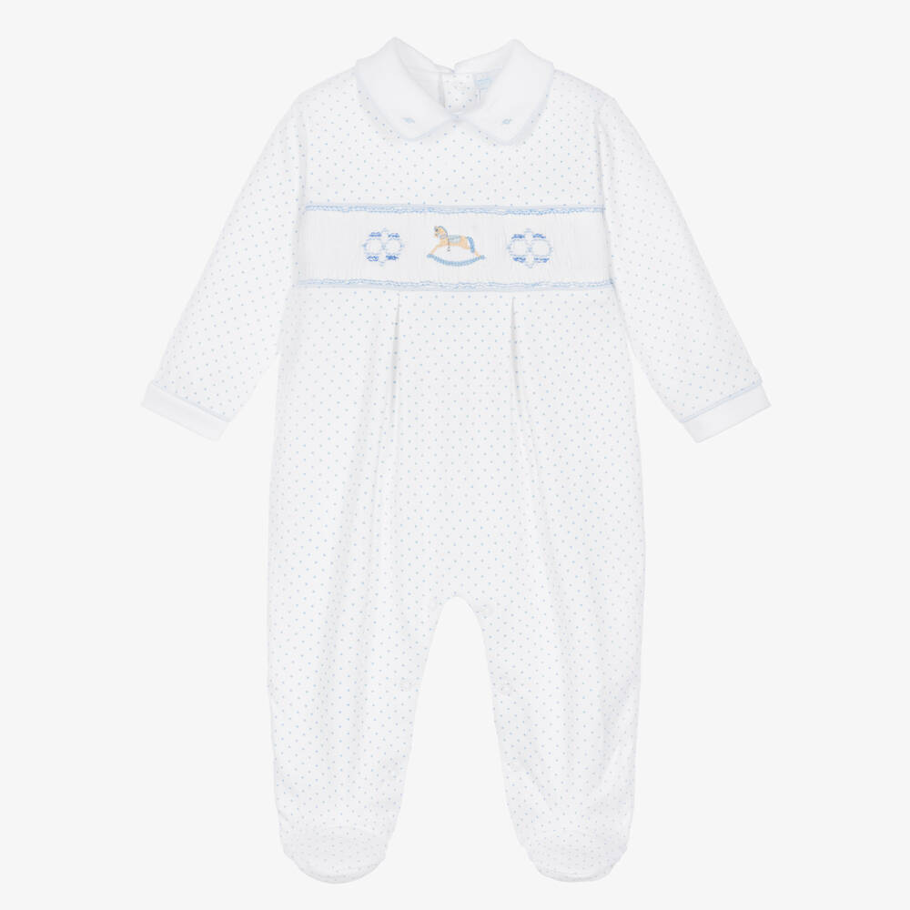 Mini-la-Mode-Boys White & Blue Polka Dot Pima Babygrow with Rocking Horse | Childrensalon