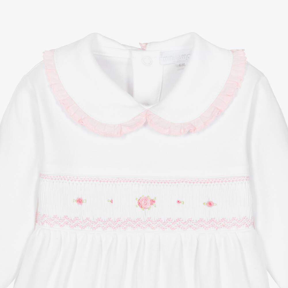 Mini-la-Mode-Girls White Pima Cotton Smocked Babygrow with Rosebuds | Childrensalon