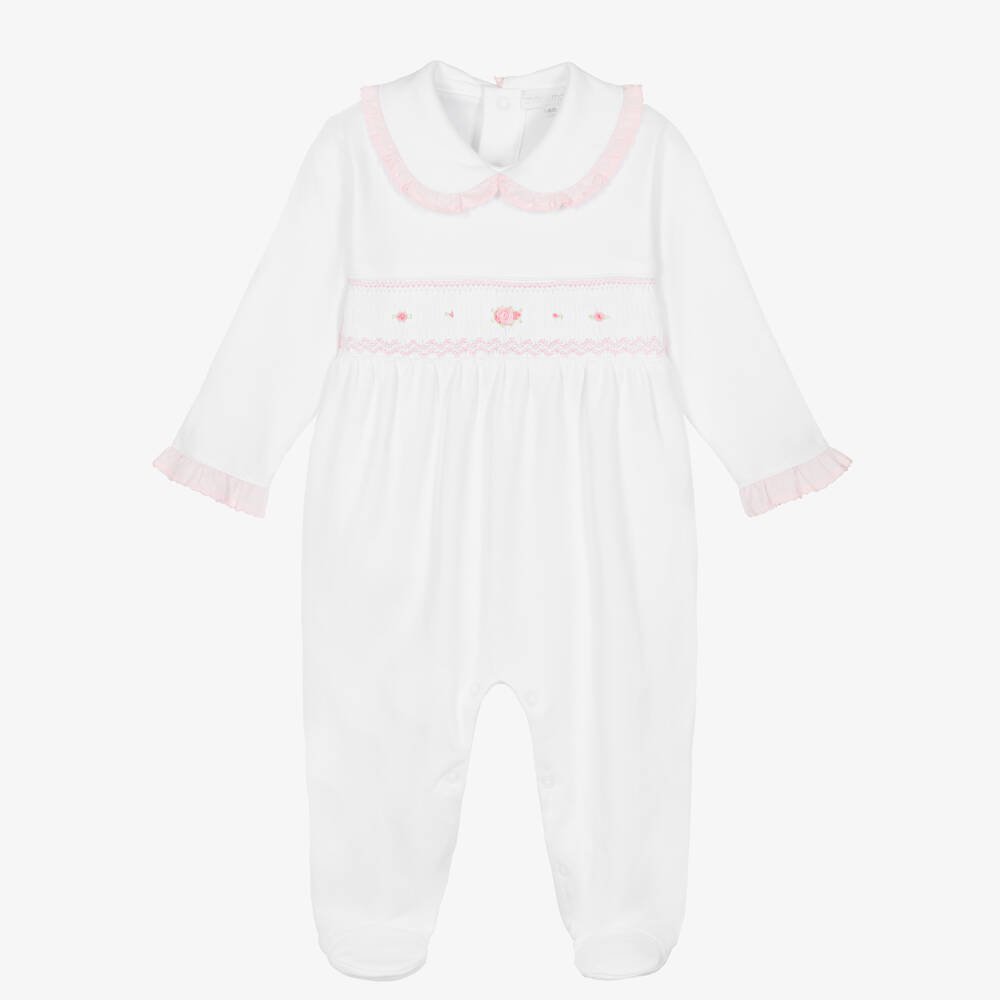 Mini-la-Mode-Girls White Pima Cotton Smocked Babygrow with Rosebuds | Childrensalon