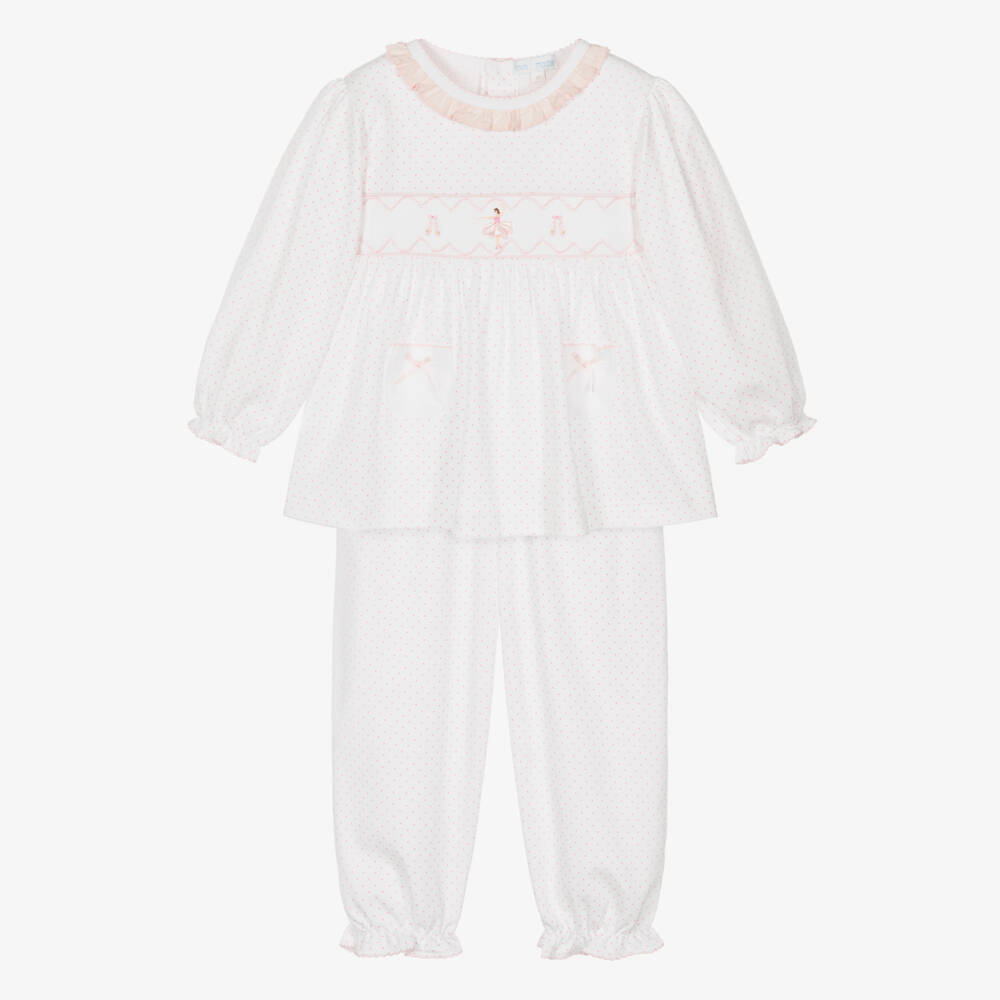 Mini-la-Mode-Girls White Pima Cotton Smocked Ballerina Pyjamas | Childrensalon