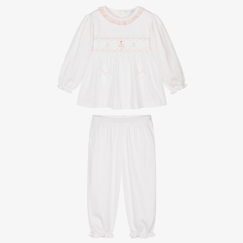 Mini-la-Mode-Girls White Pima Cotton Smocked Ballerina Pyjamas | Childrensalon