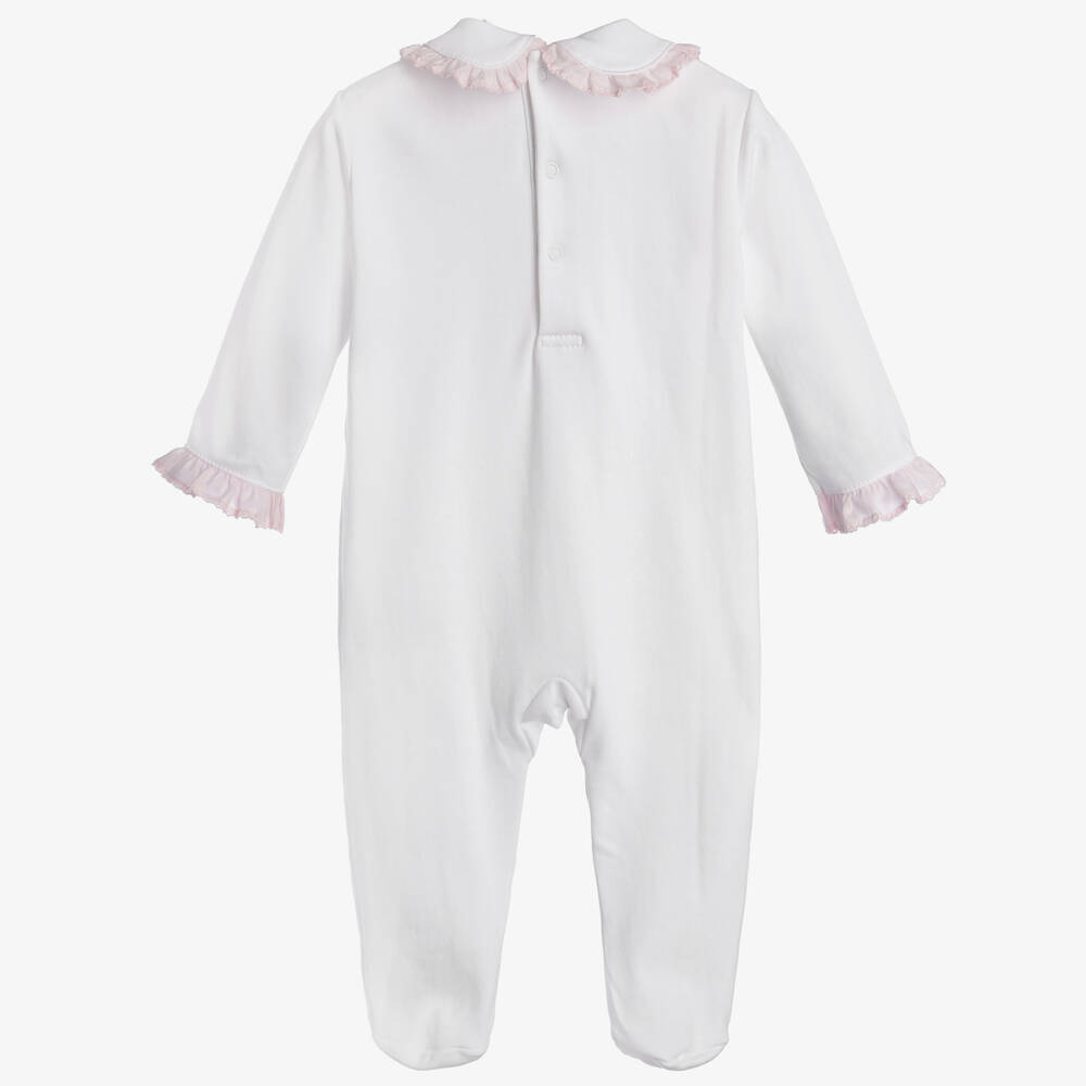 Mini-la-Mode-Girls White & Pink Pima Cotton Babygrow | Childrensalon