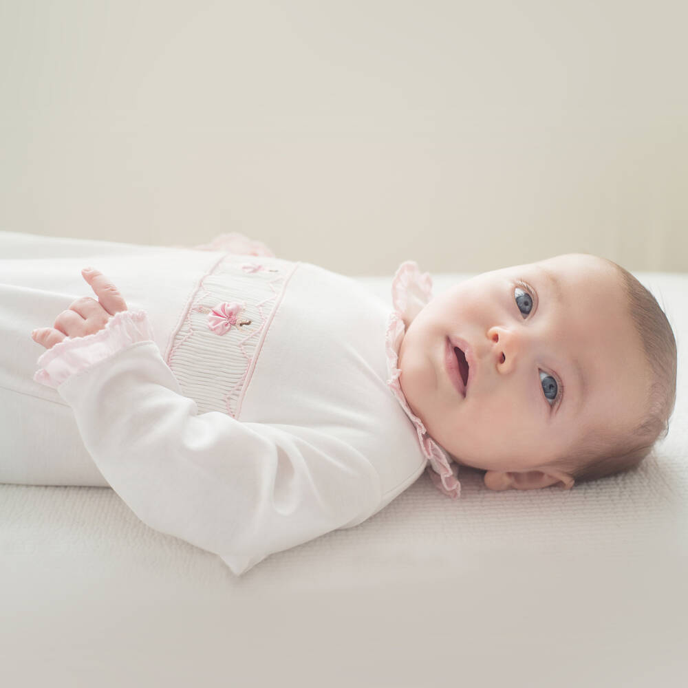 Mini-la-Mode-Girls White & Pink Pima Cotton Babygrow | Childrensalon