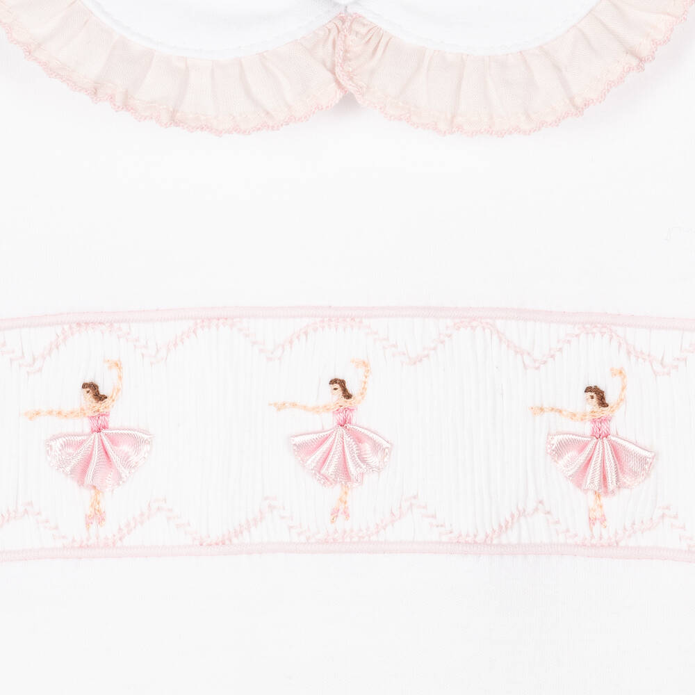 Mini-la-Mode-Girls White & Pink Pima Cotton Babygrow | Childrensalon