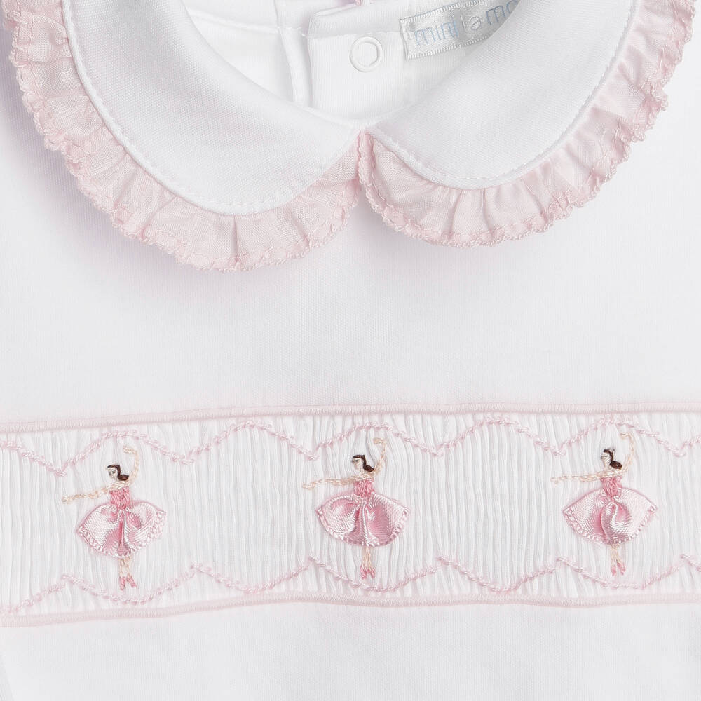 Mini-la-Mode-Girls White & Pink Pima Cotton Babygrow | Childrensalon