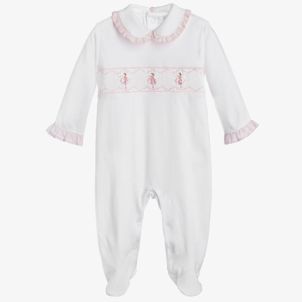 Mini-la-Mode-Girls White & Pink Pima Cotton Babygrow | Childrensalon