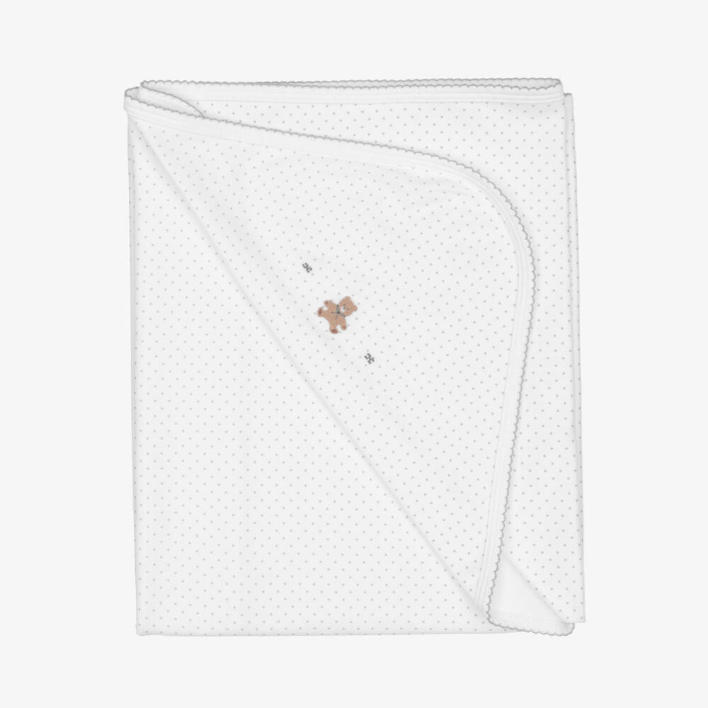 Mini-la-Mode-White & Grey Polka Dot Pima Baby Blanket with Bear (95cm) | Childrensalon
