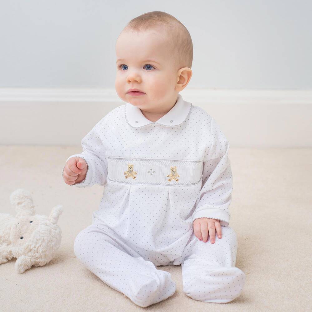 Mini-la-Mode-White & Grey Polka Dot Pima Cotton Babygrow with Teddy Bears | Childrensalon