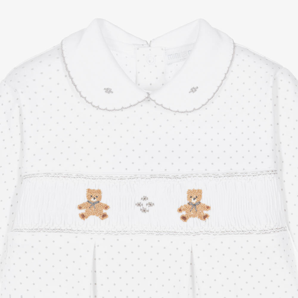 Mini-la-Mode-White & Grey Polka Dot Pima Cotton Babygrow with Teddy Bears | Childrensalon