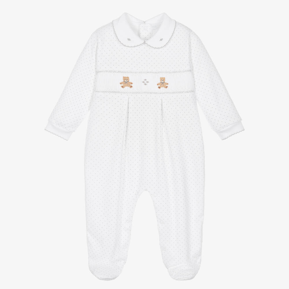 Mini-la-Mode-White & Grey Polka Dot Pima Cotton Babygrow with Teddy Bears | Childrensalon