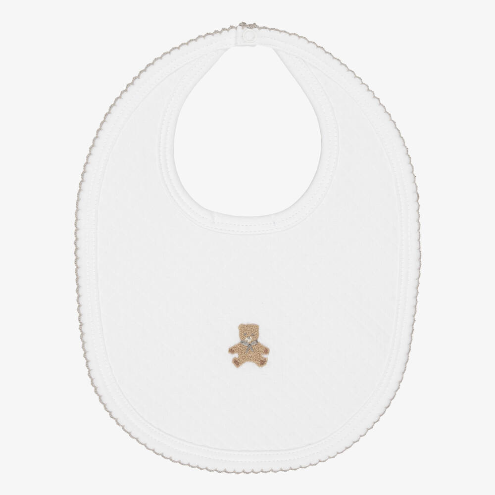 Mini-la-Mode-White Pima Cotton Bib with Teddy Bear Motif | Childrensalon
