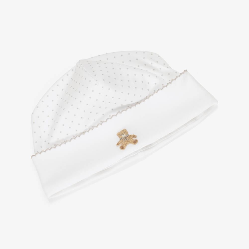 Mini-la-Mode-White Pima Cotton Hat with Teddy Bear Motif | Childrensalon