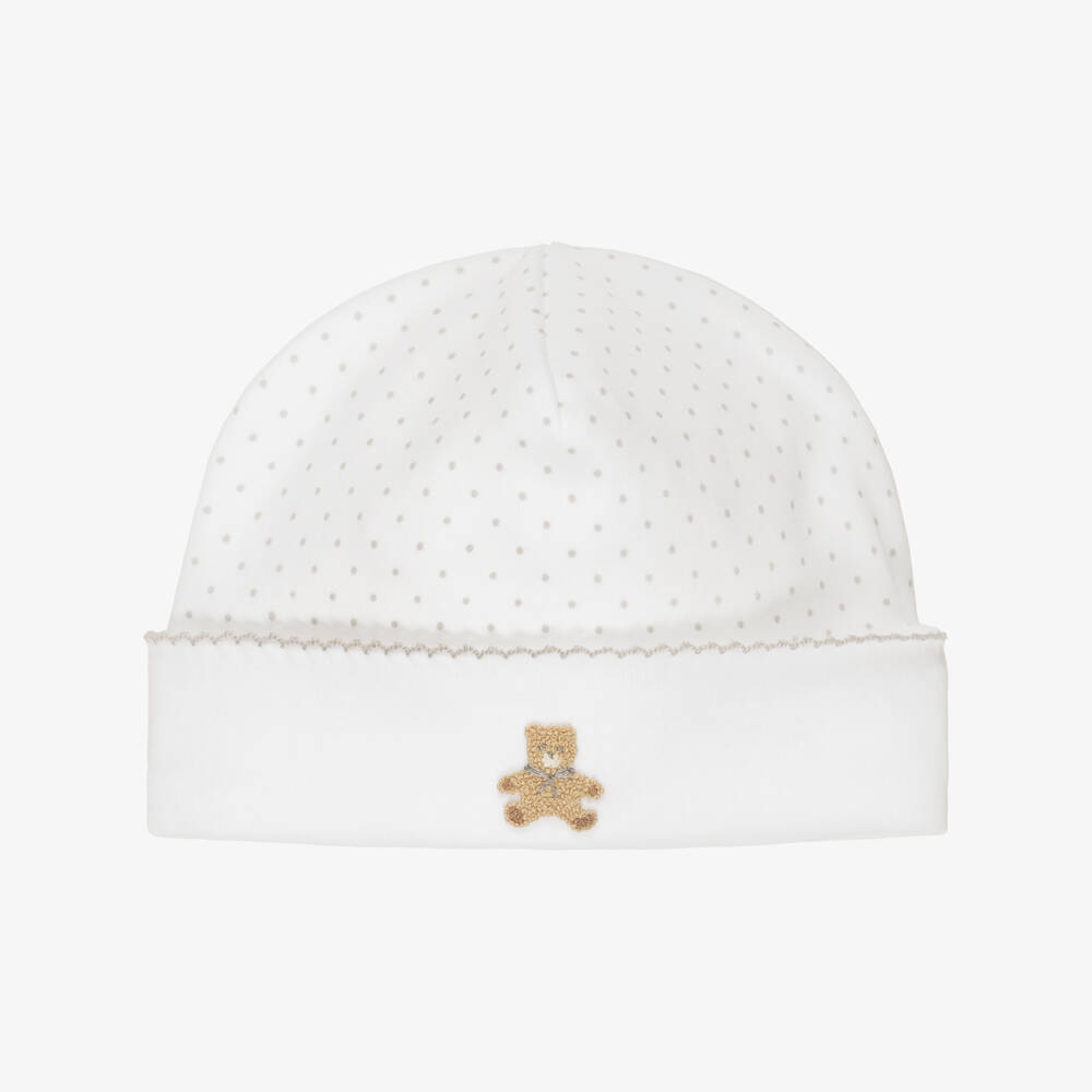 Mini-la-Mode-White Pima Cotton Hat with Teddy Bear Motif | Childrensalon
