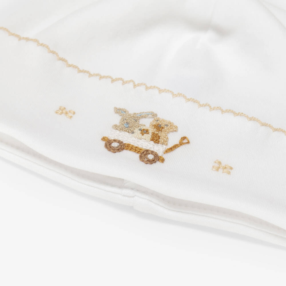 Mini-la-Mode-White Pima Cotton Hat with Toy Cart Motif | Childrensalon
