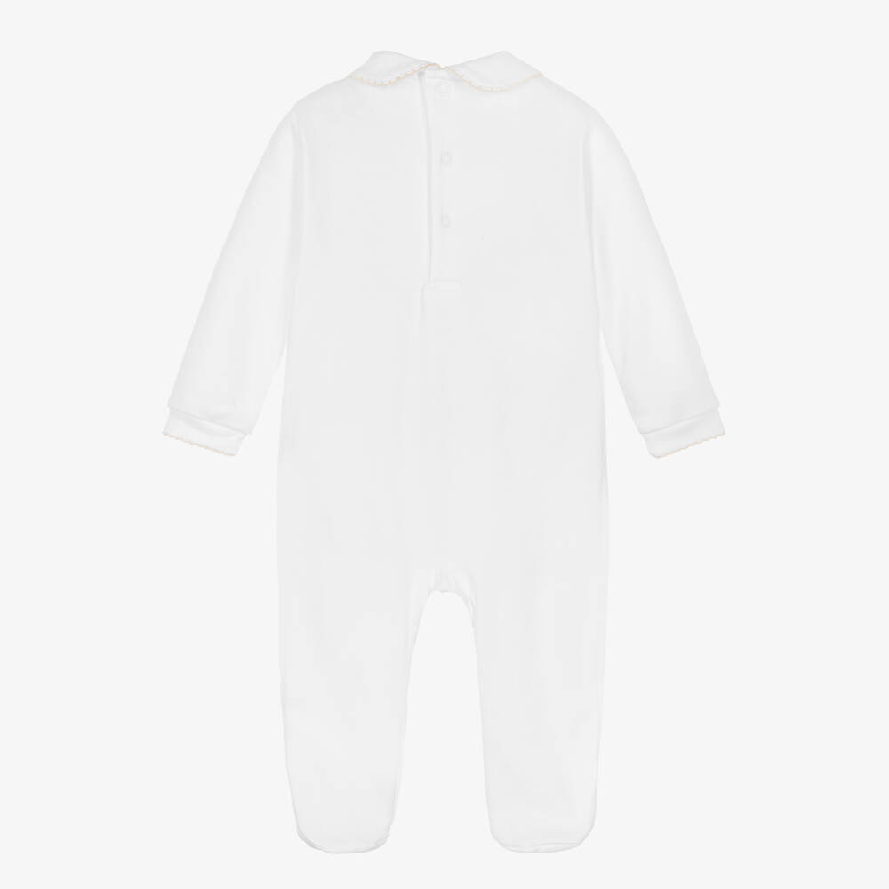 Mini-la-Mode-White Pima Cotton Smocked Babygrow with Embroidered Toy Cart | Childrensalon