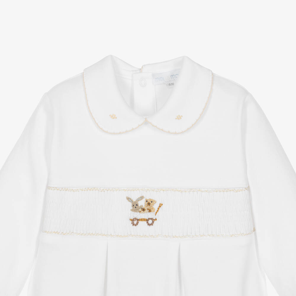Mini-la-Mode-White Pima Cotton Smocked Babygrow with Embroidered Toy Cart | Childrensalon
