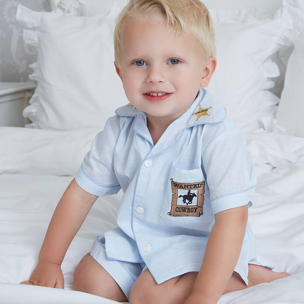 Mini Lunn-Boys Blue Cotton Cowboy Short Pyjamas | Childrensalon