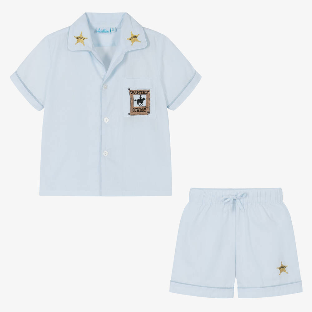 Mini Lunn-Boys Blue Cotton Cowboy Short Pyjamas | Childrensalon