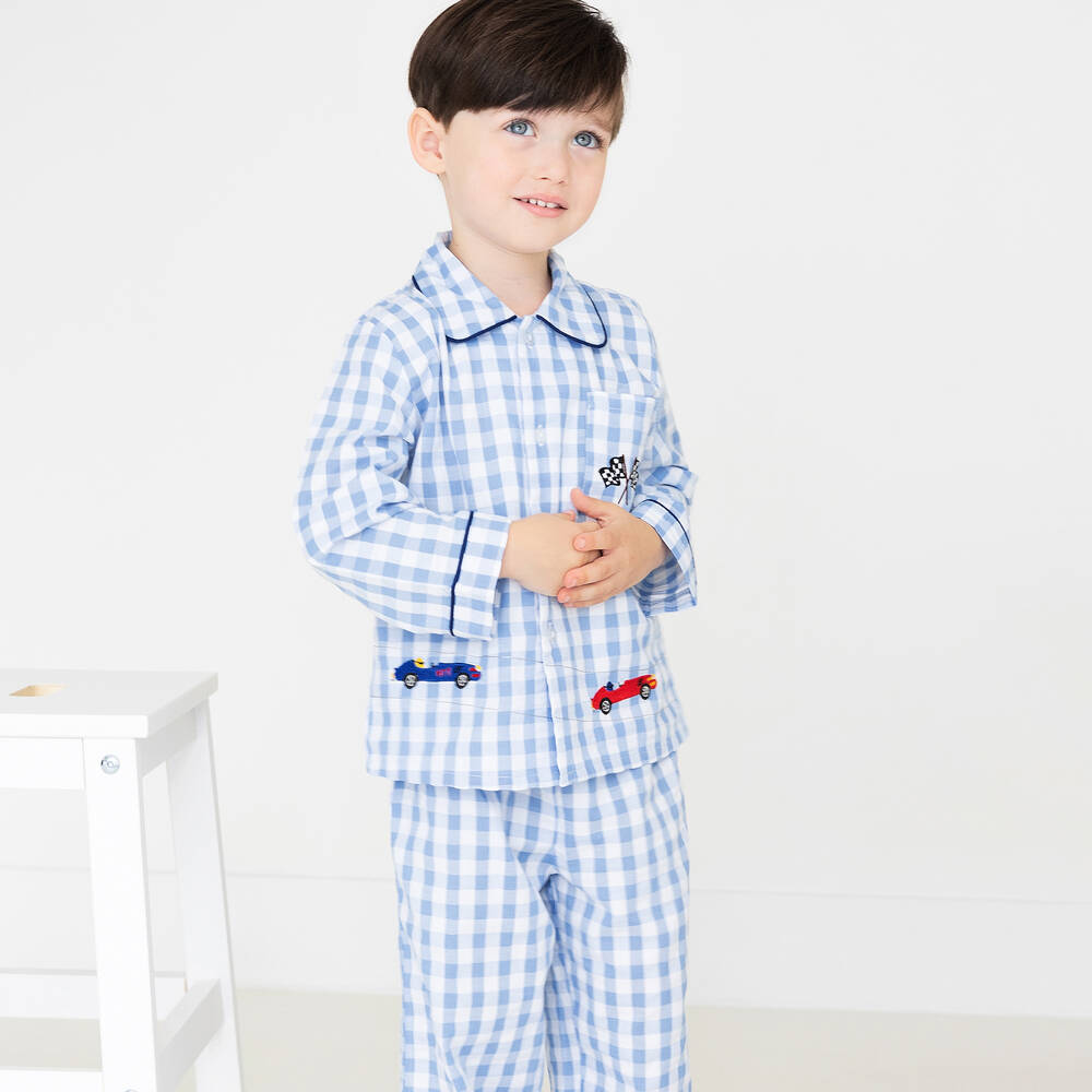 Mini Lunn-Boys Blue & White Cotton Car Pyjamas | Childrensalon