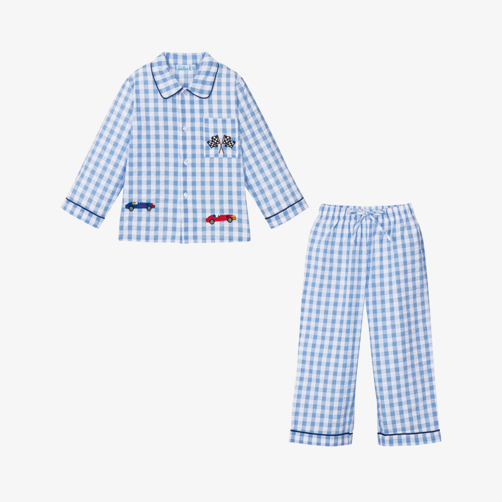 Mini Lunn-Boys Blue & White Cotton Car Pyjamas | Childrensalon