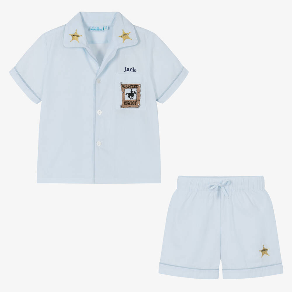 Mini Lunn-Boys Personalised Blue Cotton Cowboy Pyjamas | Childrensalon