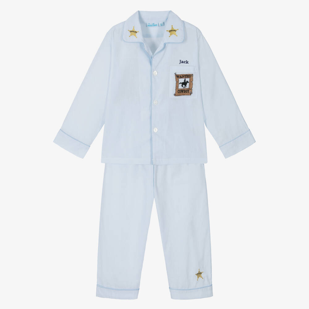 Mini Lunn-Boys Personalised Blue Cotton Cowboy Pyjamas | Childrensalon