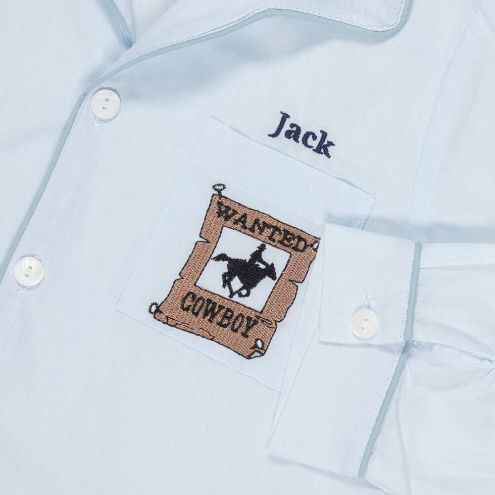 Mini Lunn-Boys Personalised Blue Cotton Cowboy Pyjamas | Childrensalon