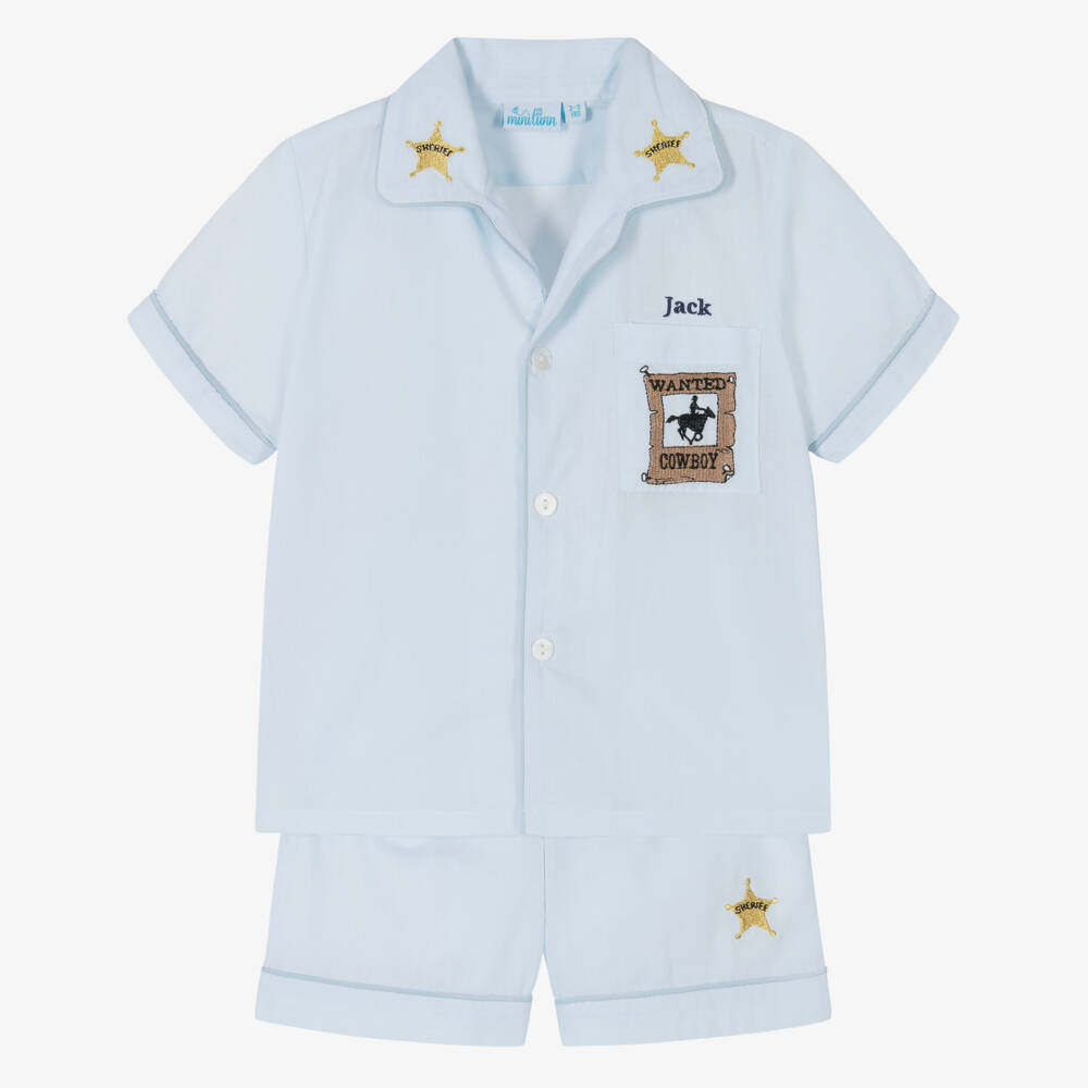 Mini Lunn-Boys Personalised Blue Cotton Cowboy Pyjamas | Childrensalon