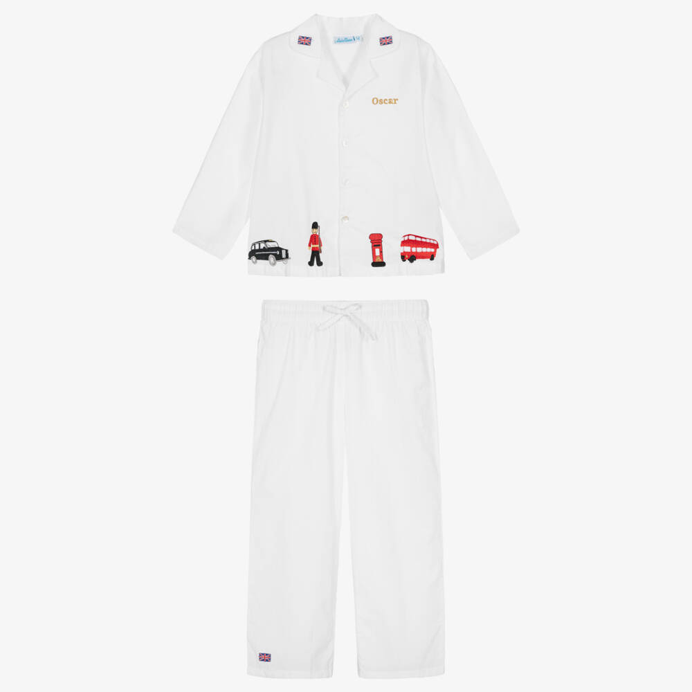 Mini Lunn-Boys Personalised White Cotton London Pyjamas | Childrensalon