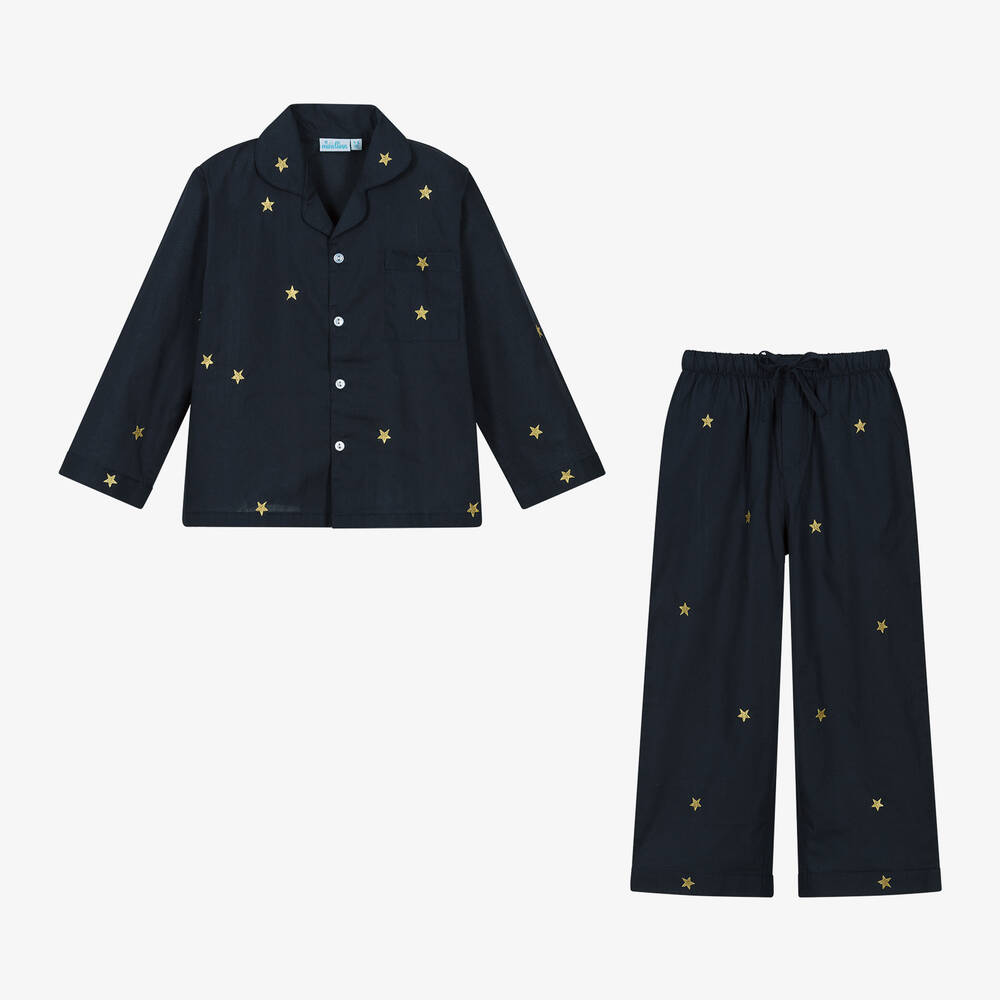 Mini Lunn-Girls Blue & Gold Star Cotton Pyjamas | Childrensalon