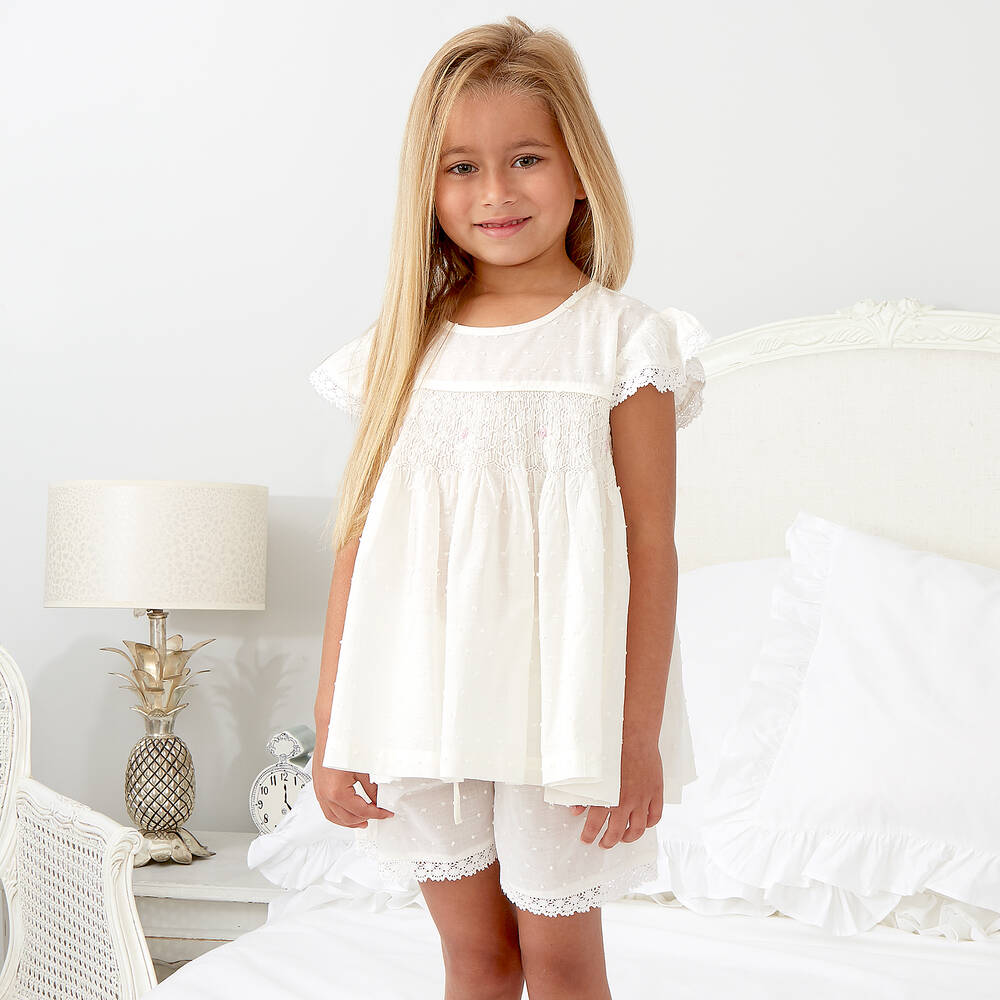 Mini Lunn-بيجاما شورت قطن مطرز لون عاجي للبنات | Childrensalon