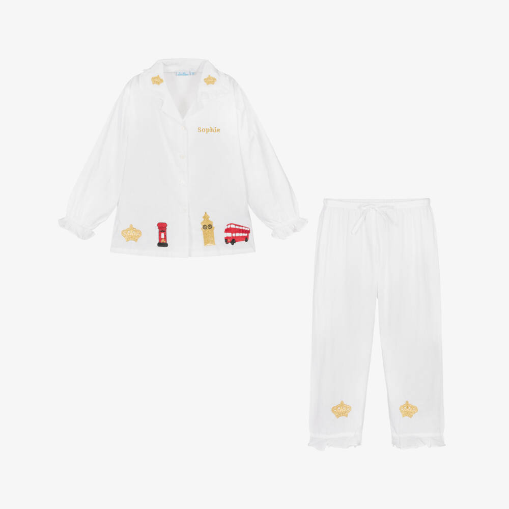 Mini Lunn-Girls Personalised White Cotton London Pyjamas | Childrensalon