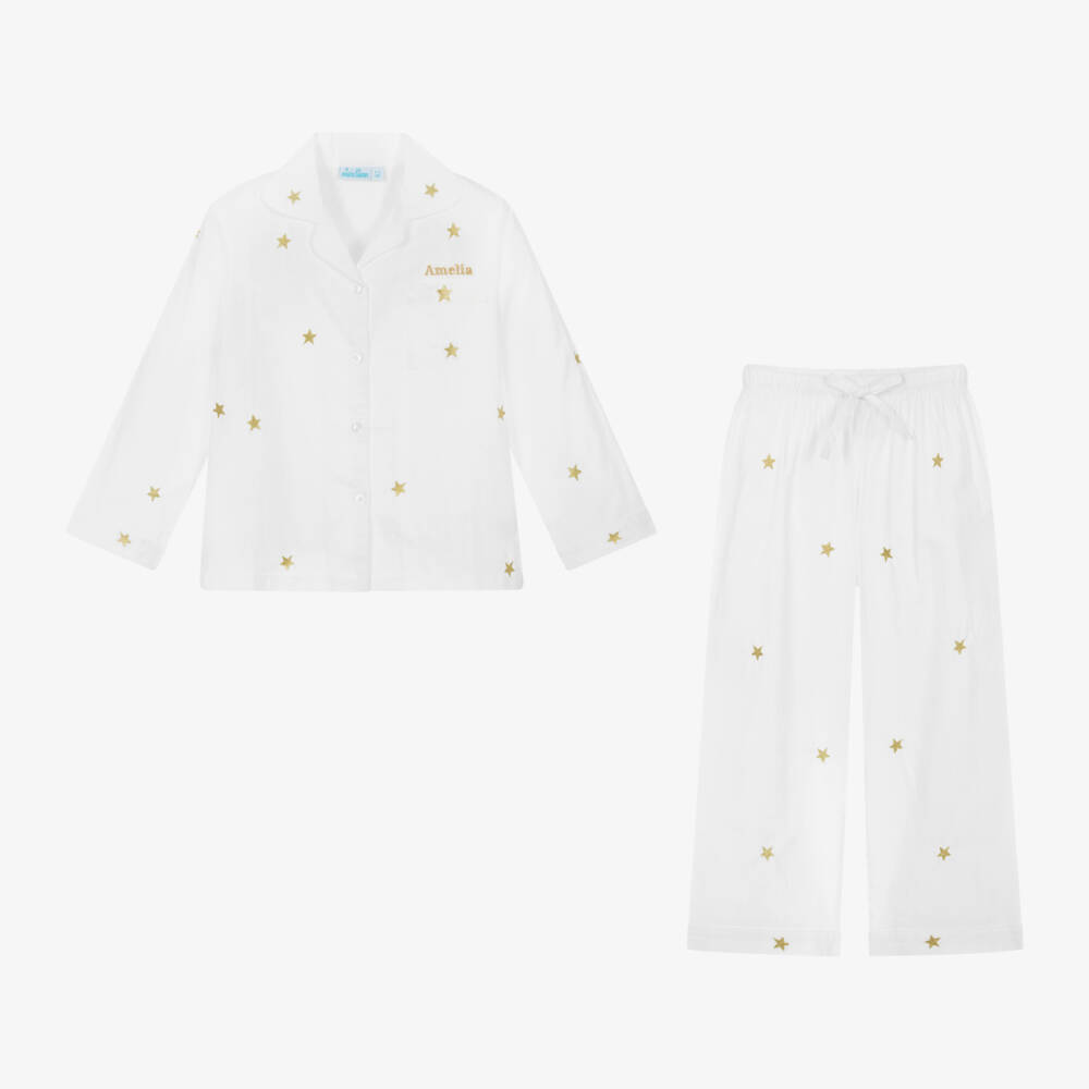 Mini Lunn-Girls Personalised White & Gold Star Cotton Pyjamas | Childrensalon