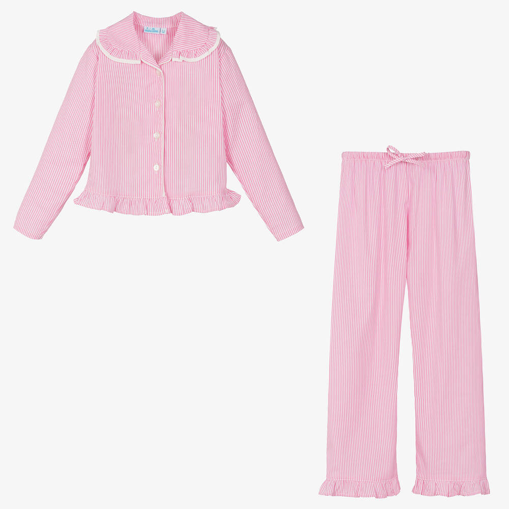 Mini Lunn-Girls Pink & White Striped Cotton Pyjamas | Childrensalon
