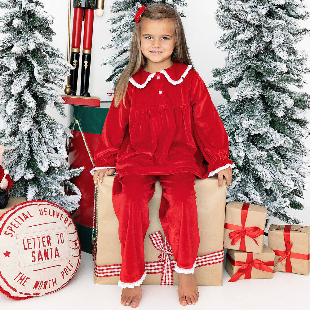 Mini Lunn-Girls Red Velour Pyjamas | Childrensalon