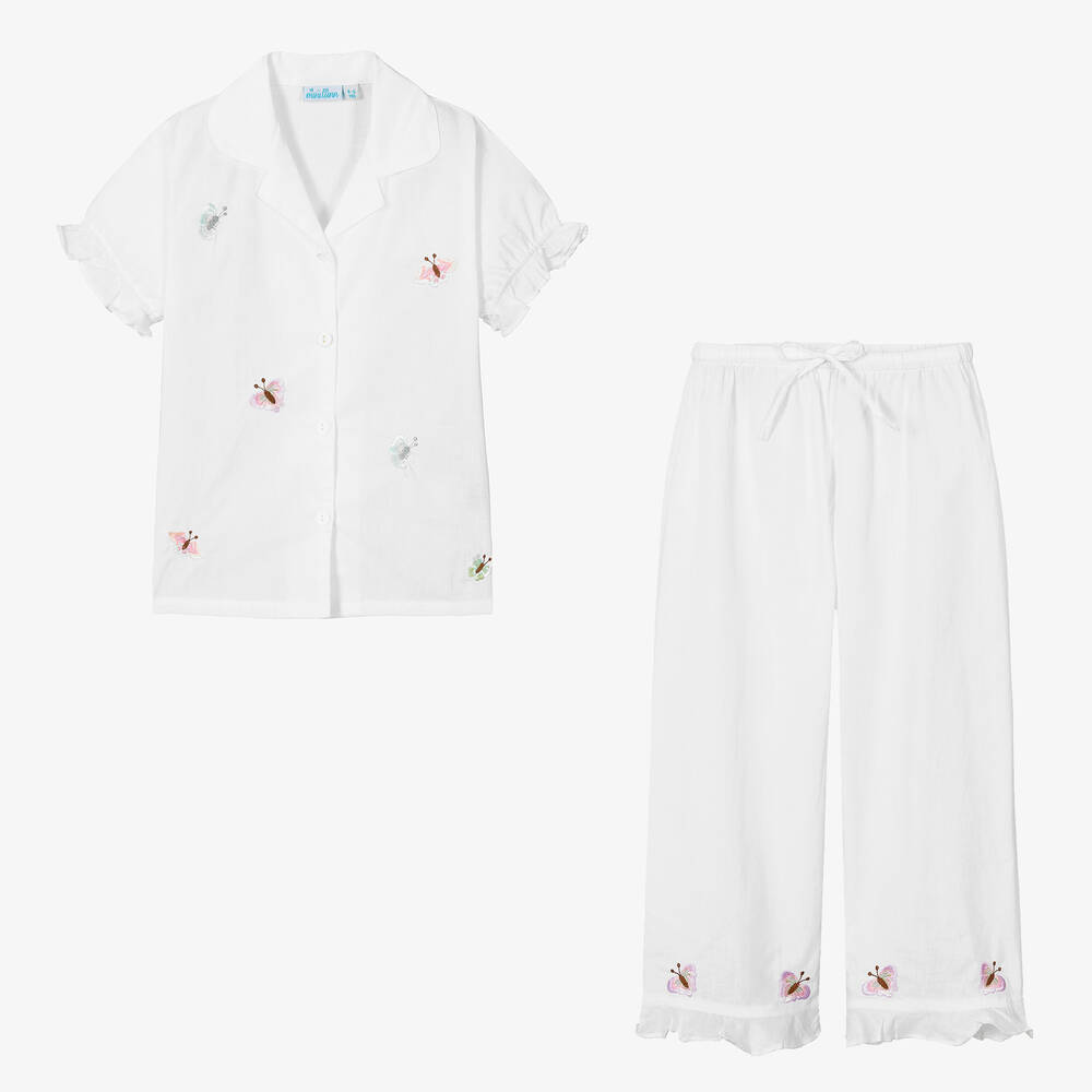 Mini Lunn-Girls White Cotton Butterfly Pyjamas | Childrensalon