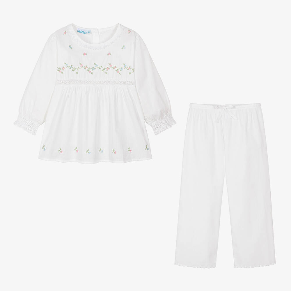 Mini Lunn-Girls White Cotton Embroidered Pyjamas | Childrensalon