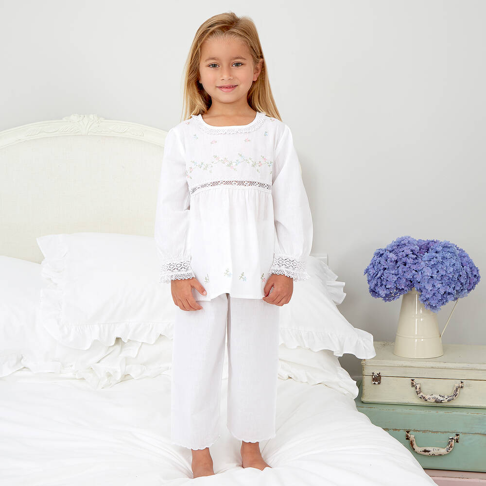 Mini Lunn-Girls White Cotton Embroidered Pyjamas | Childrensalon