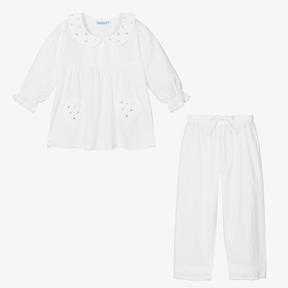 Mini Lunn-Girls White Cotton Embroidered Pyjamas | Childrensalon
