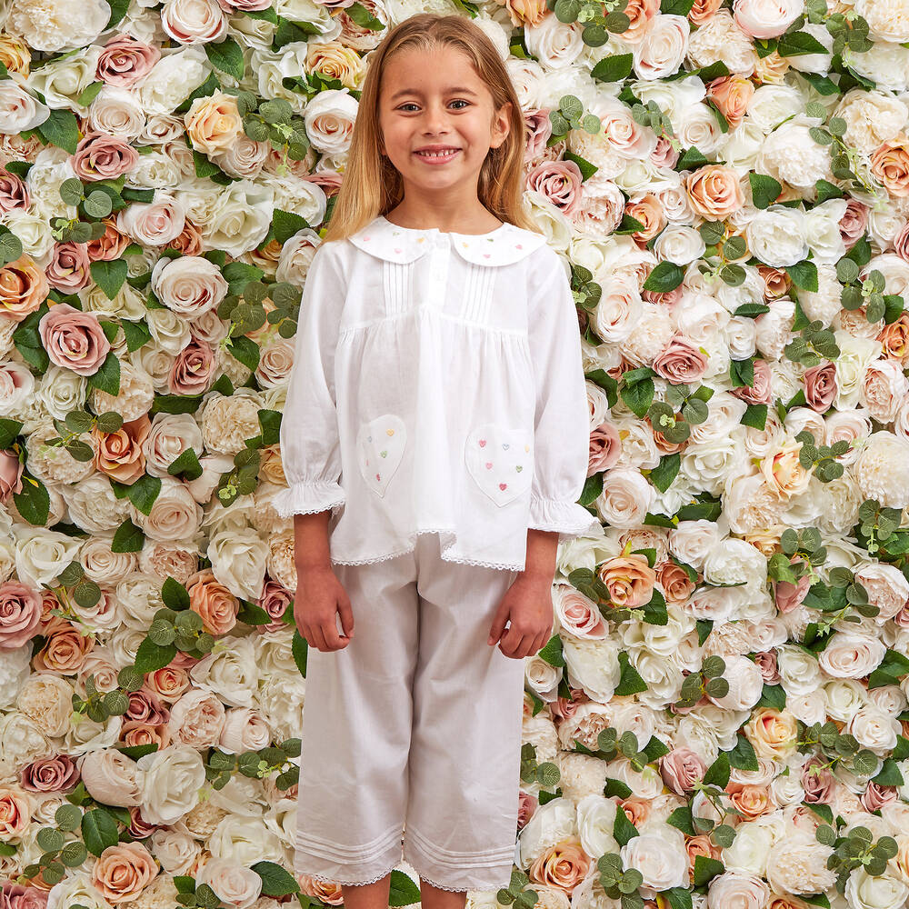 Mini Lunn-Girls White Cotton Embroidered Pyjamas | Childrensalon
