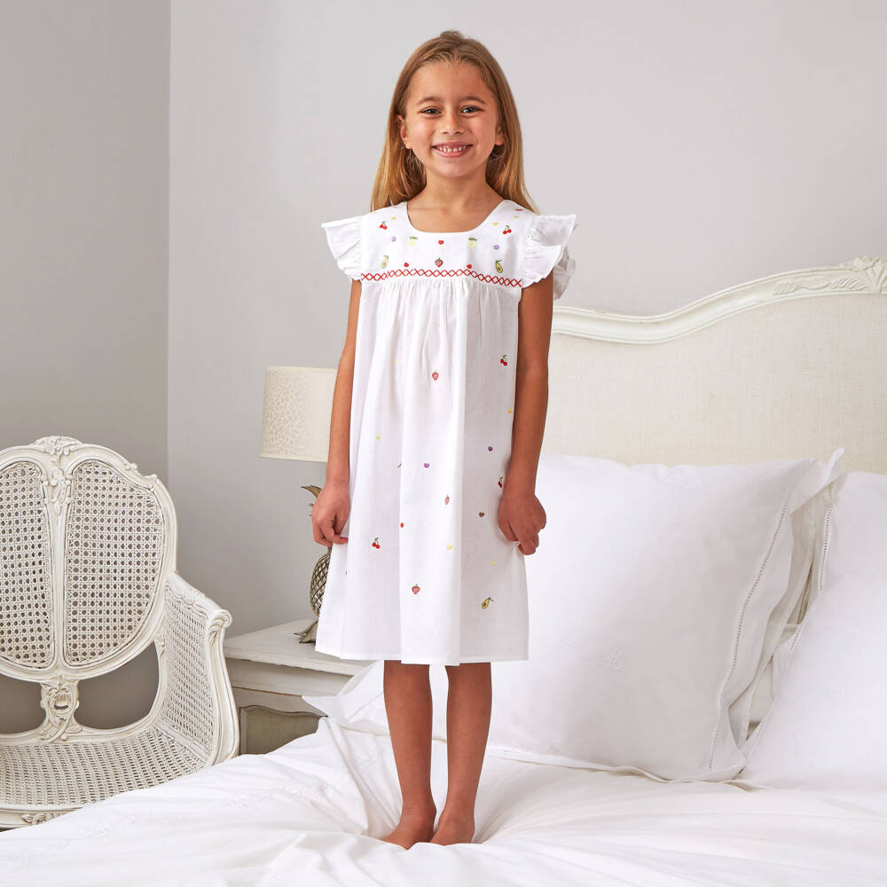 Mini Lunn-Girls White Cotton Nightdress With Embroidered Fruits | Childrensalon