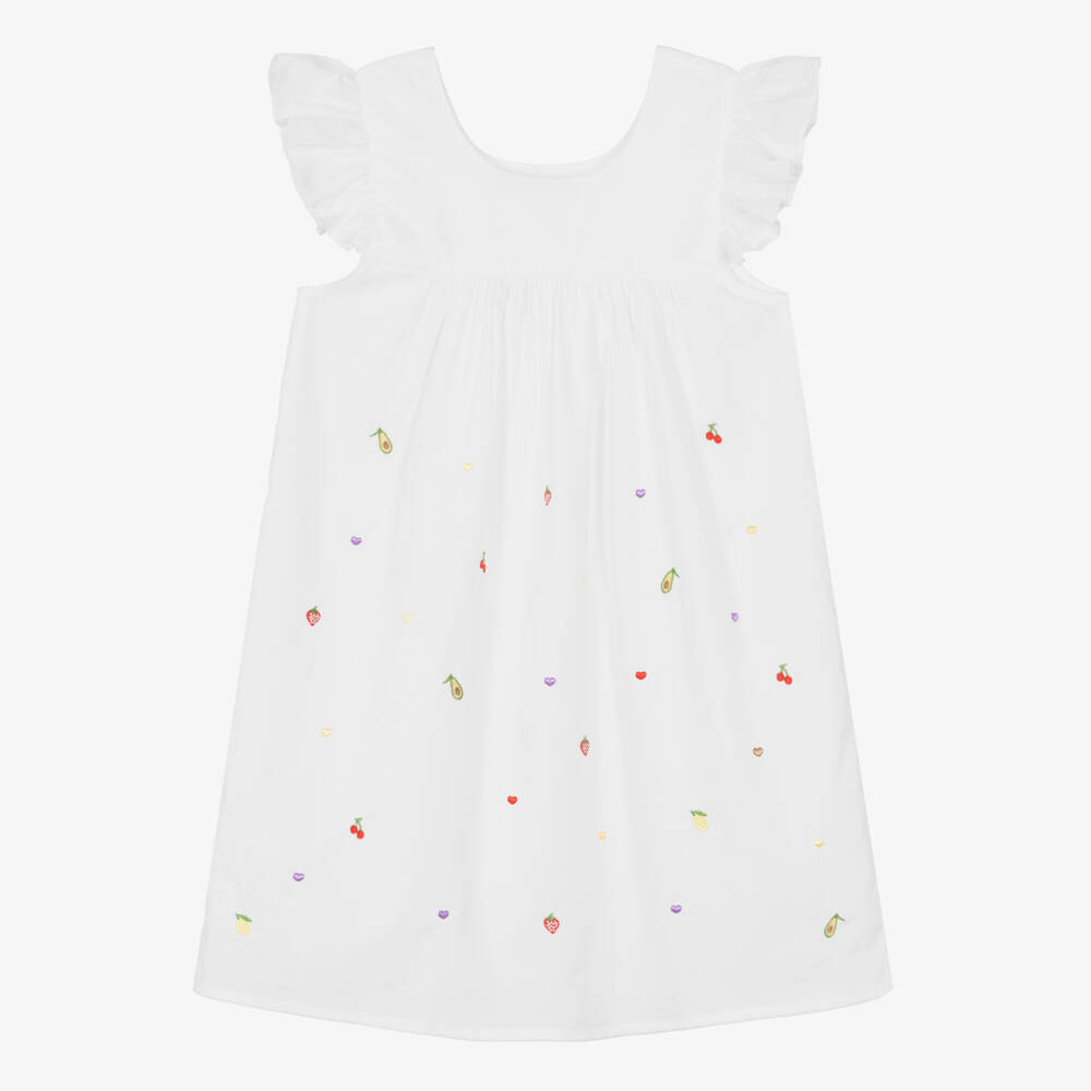 Mini Lunn-Girls White Cotton Nightdress With Embroidered Fruits | Childrensalon