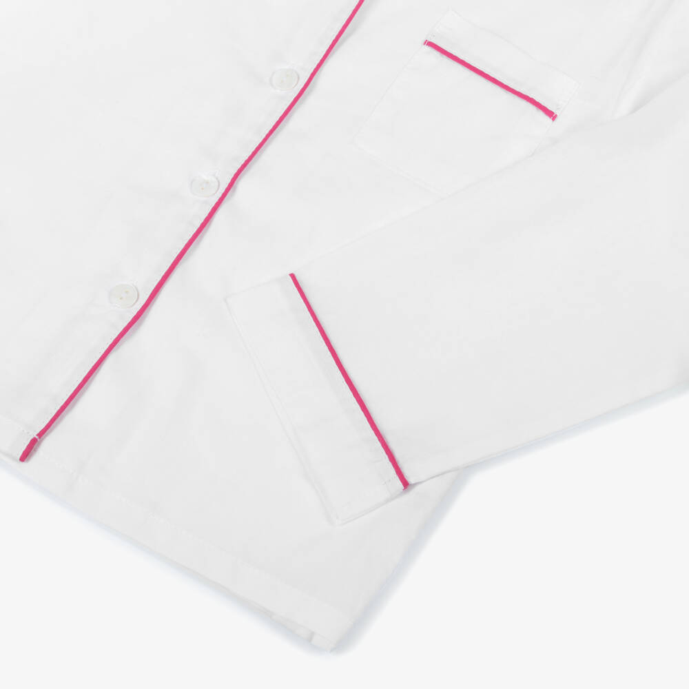 Mini Lunn-Girls White Cotton Pyjamas With Pink Piping | Childrensalon