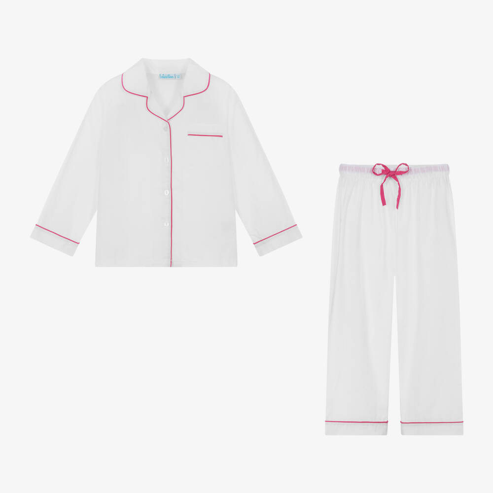 Mini Lunn-Girls White Cotton Pyjamas With Pink Piping | Childrensalon