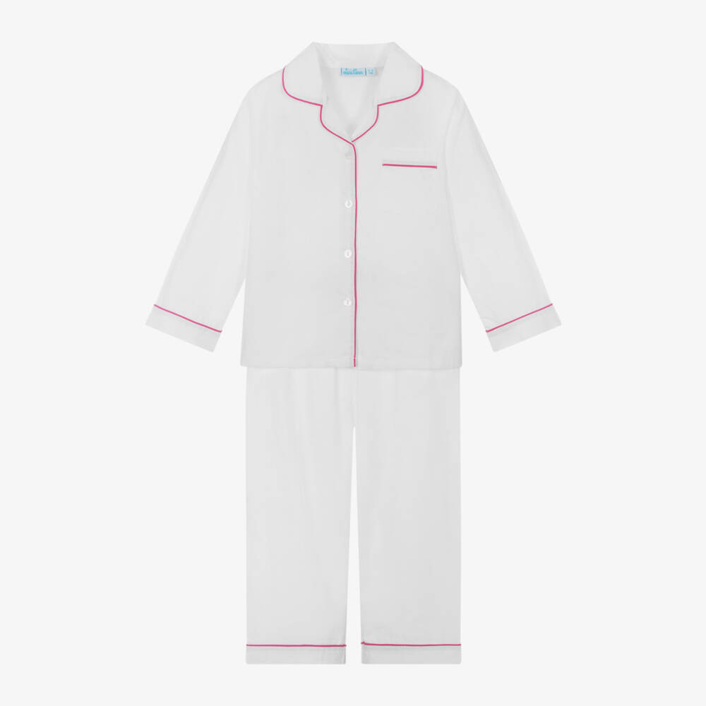 Mini Lunn-Girls White Cotton Pyjamas With Pink Piping | Childrensalon