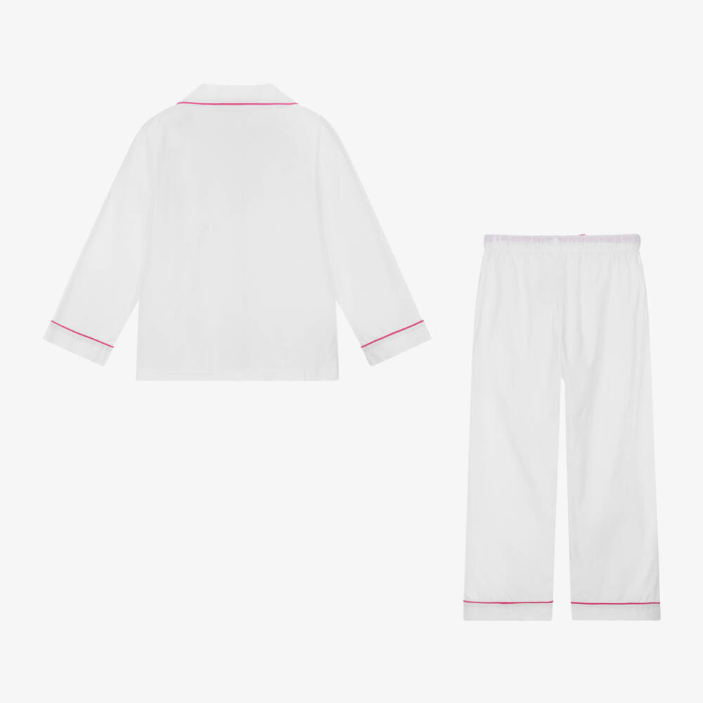 Mini Lunn-Girls White Cotton Pyjamas With Pink Piping | Childrensalon