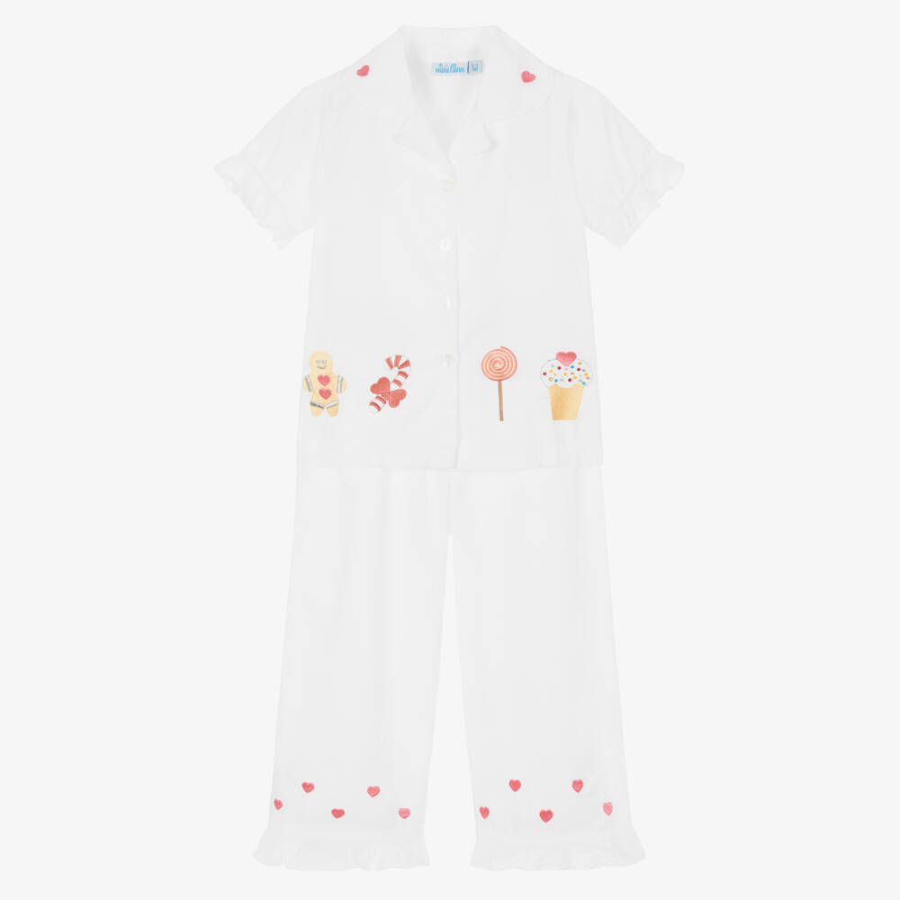 Mini Lunn-Girls White Embroidered Cotton Pyjamas | Childrensalon