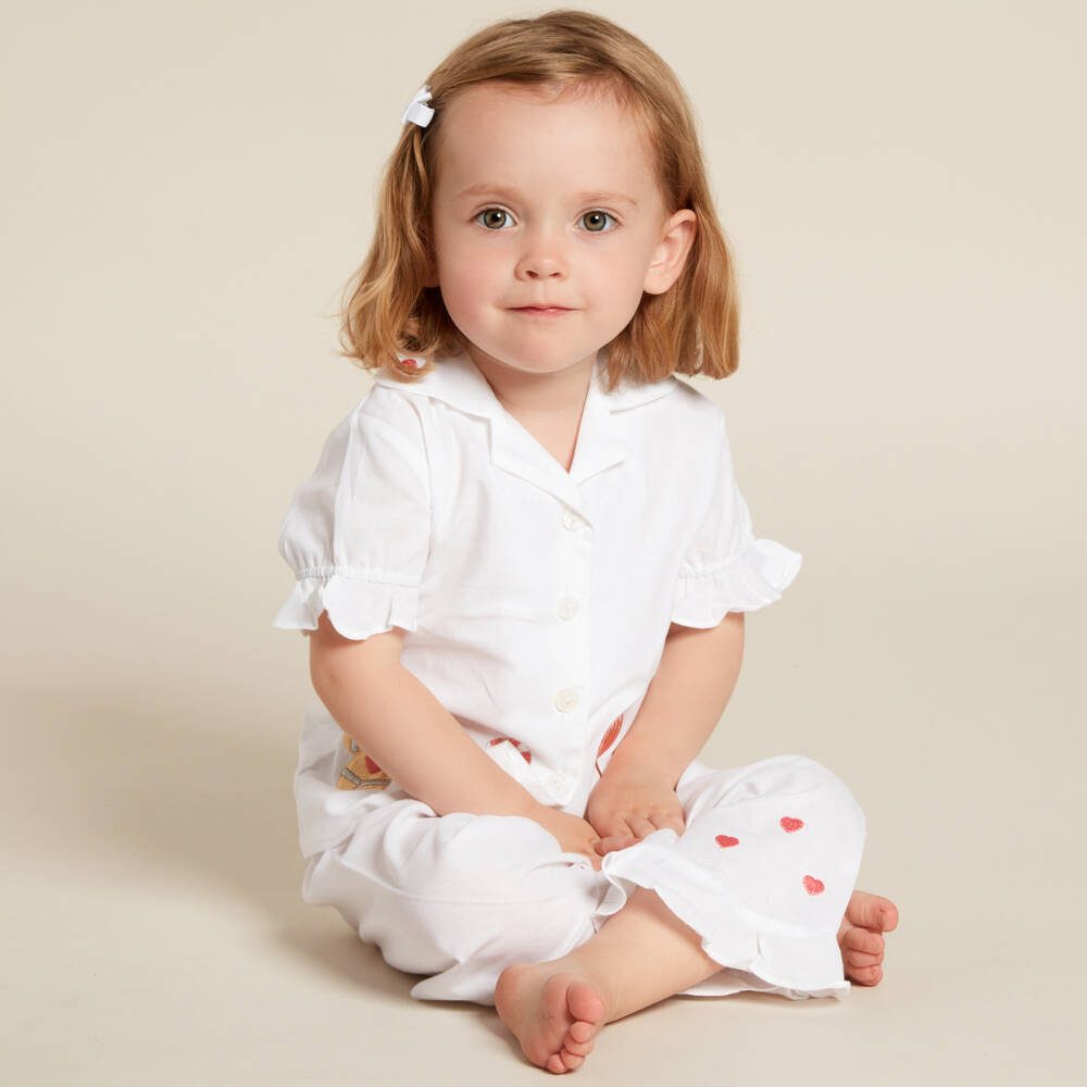 Mini Lunn-Girls White Embroidered Cotton Pyjamas | Childrensalon