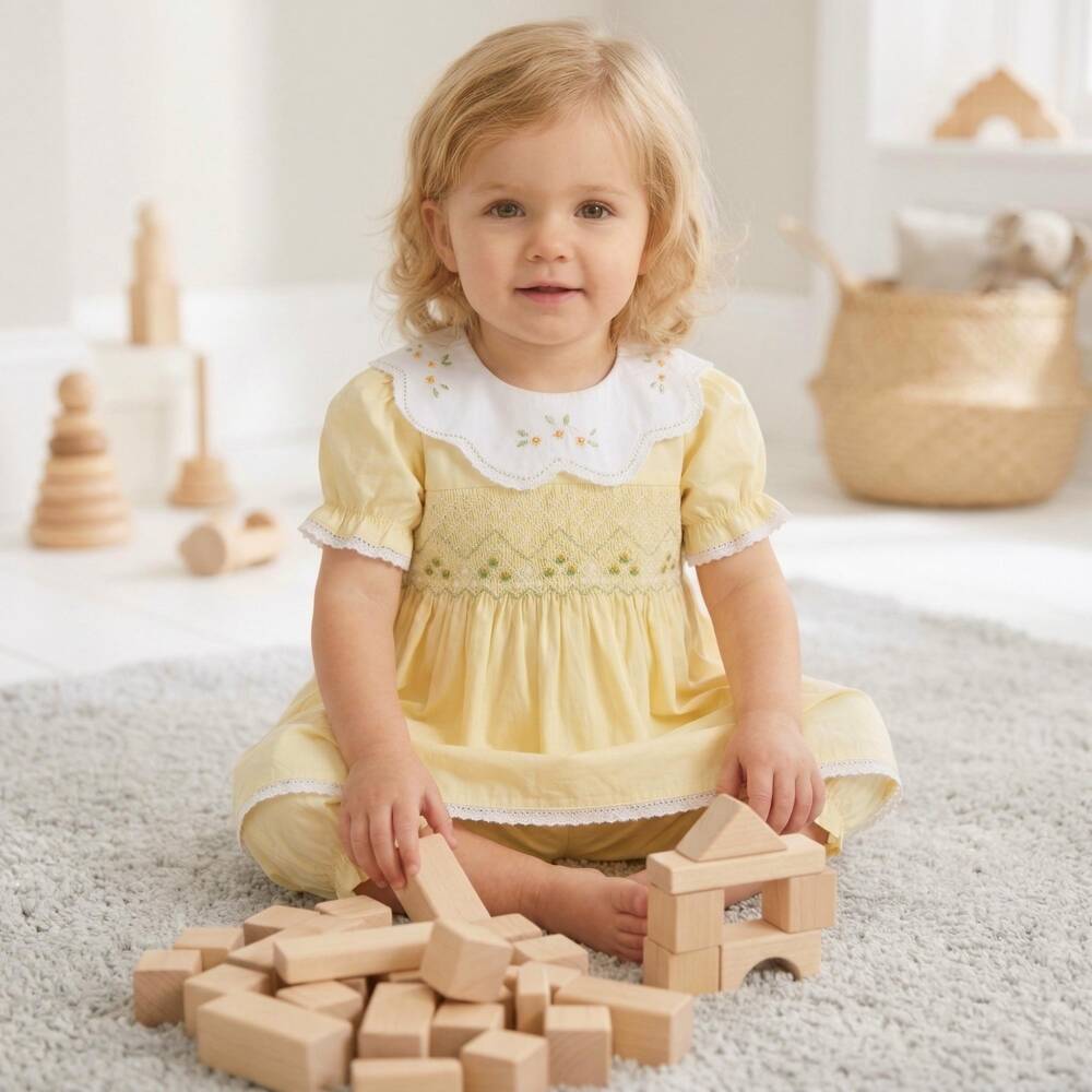 Mini Lunn-Girls Yellow & White Cotton Smocked Pyjamas | Childrensalon