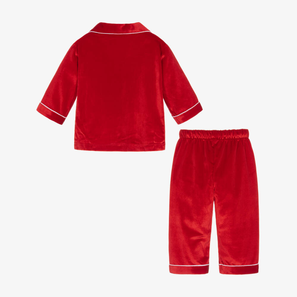 Mini Lunn-Red Velour Pyjamas with White Piping | Childrensalon